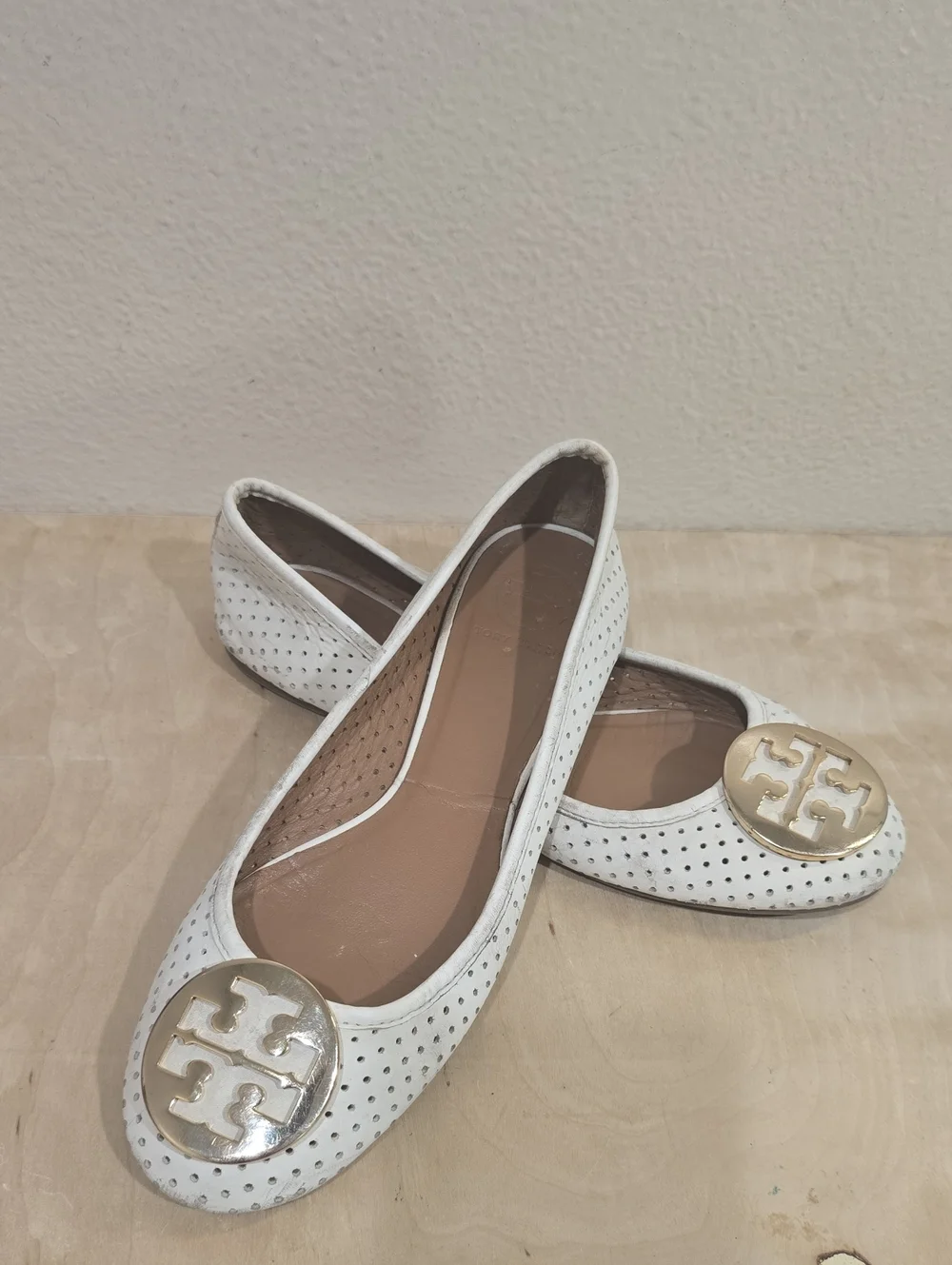Tory Burch White Perforated Leather Logo Medallion Flats